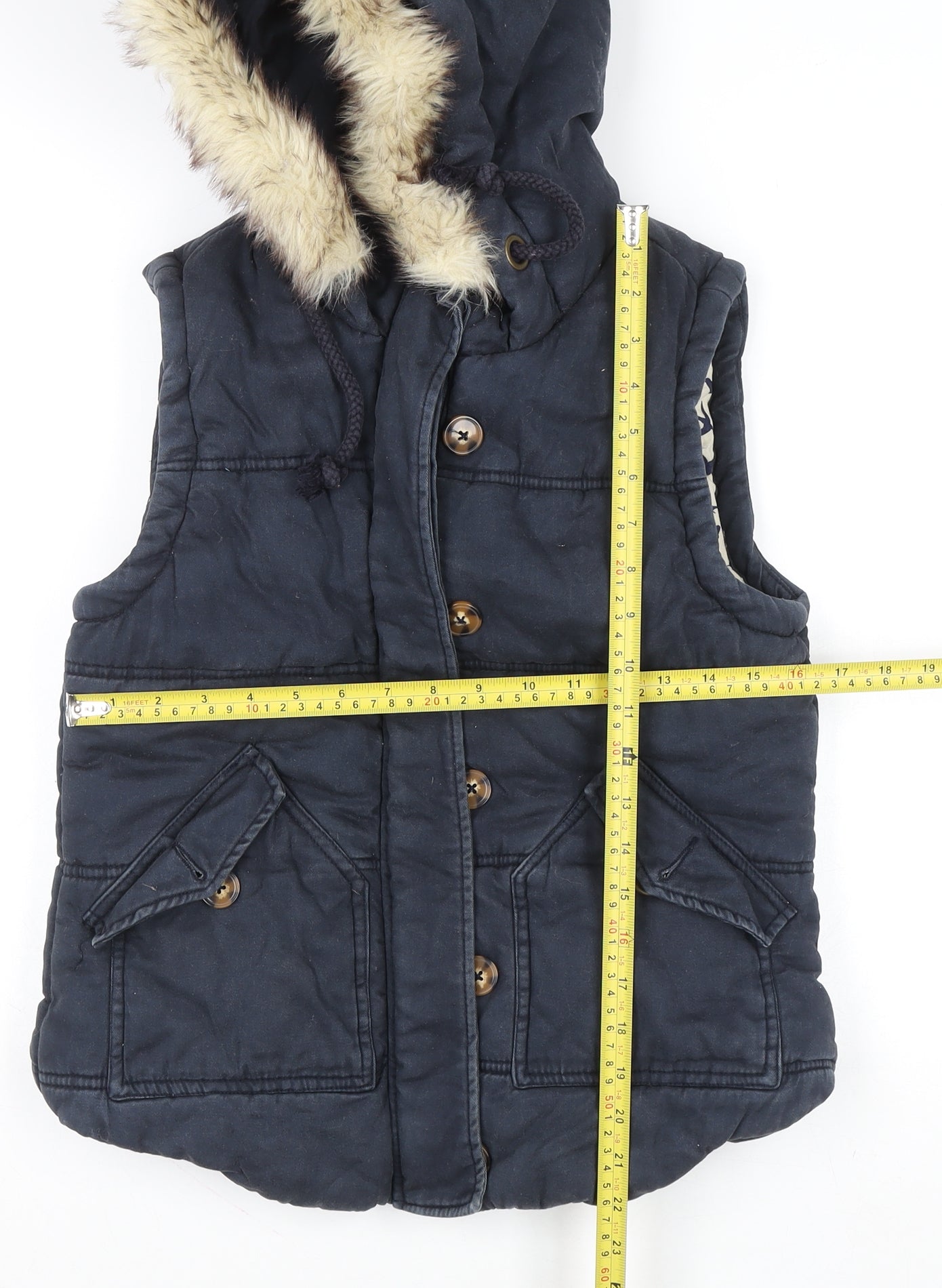 River Island Women's Blue Hooded Fur Trim Padded Waistcoat Size 8