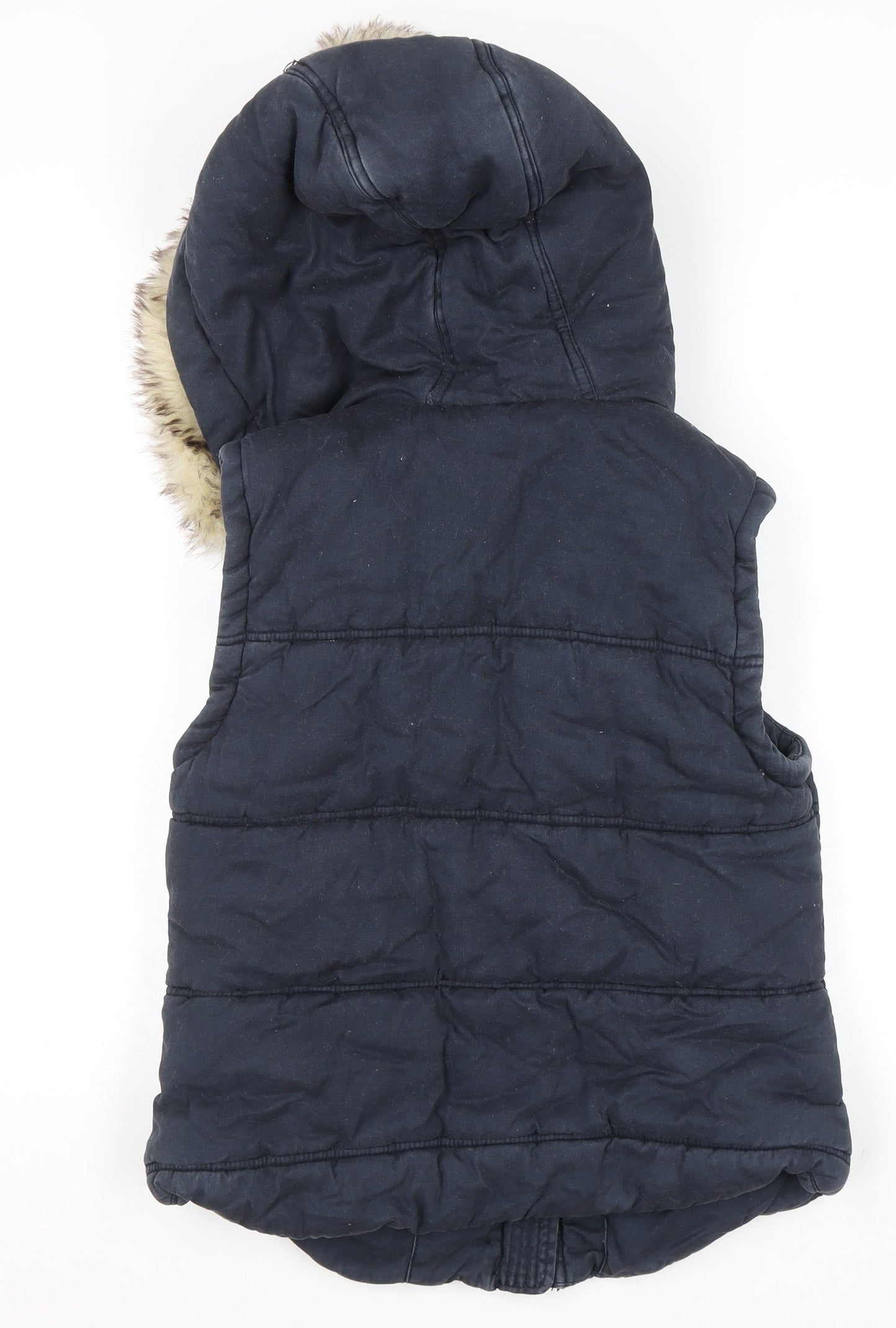 River Island Women's Blue Hooded Fur Trim Padded Waistcoat Size 8