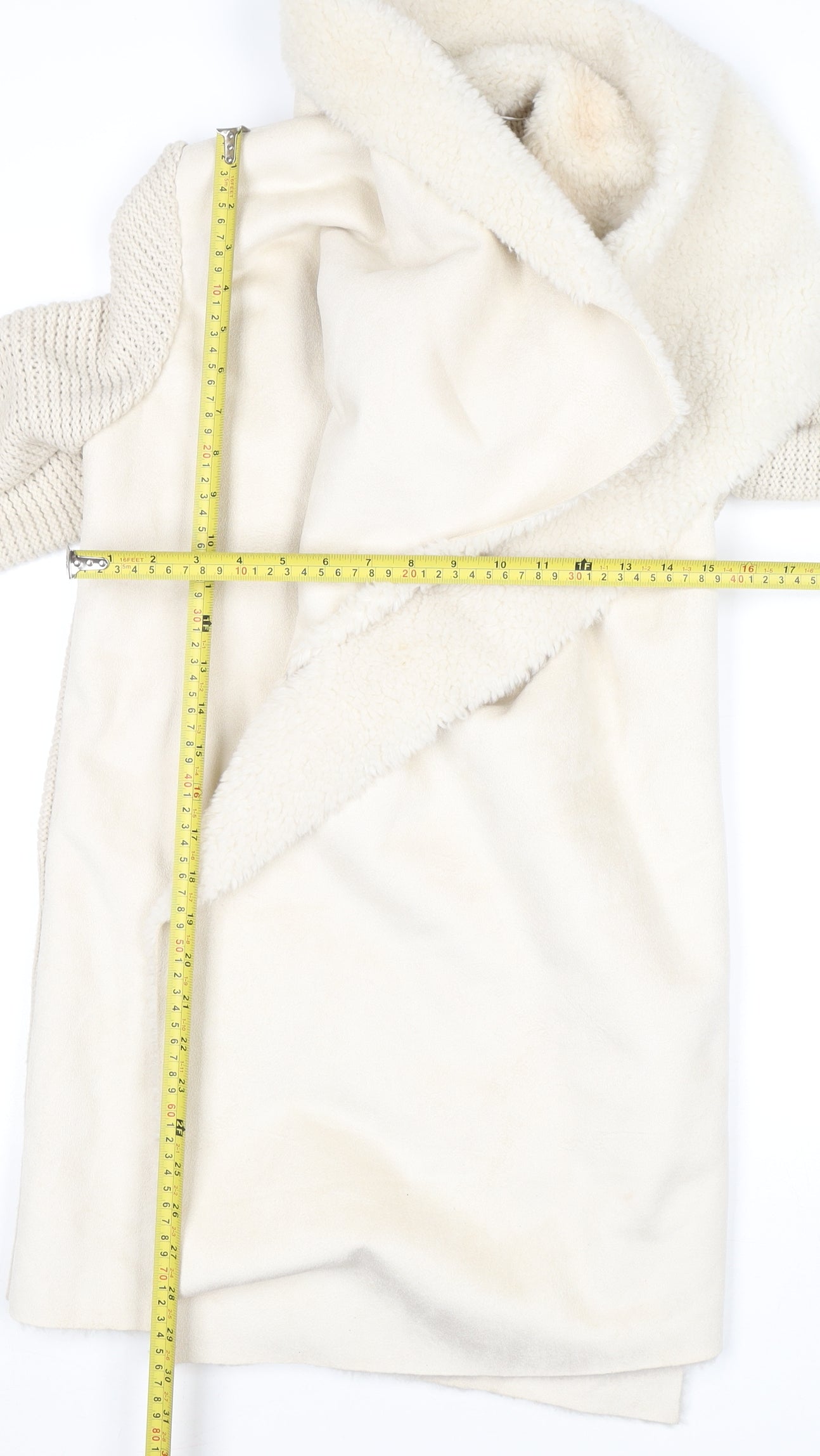 Quiz Women Ivory Faux Fur Trim Open Knit Long Sleeve Cardigan M