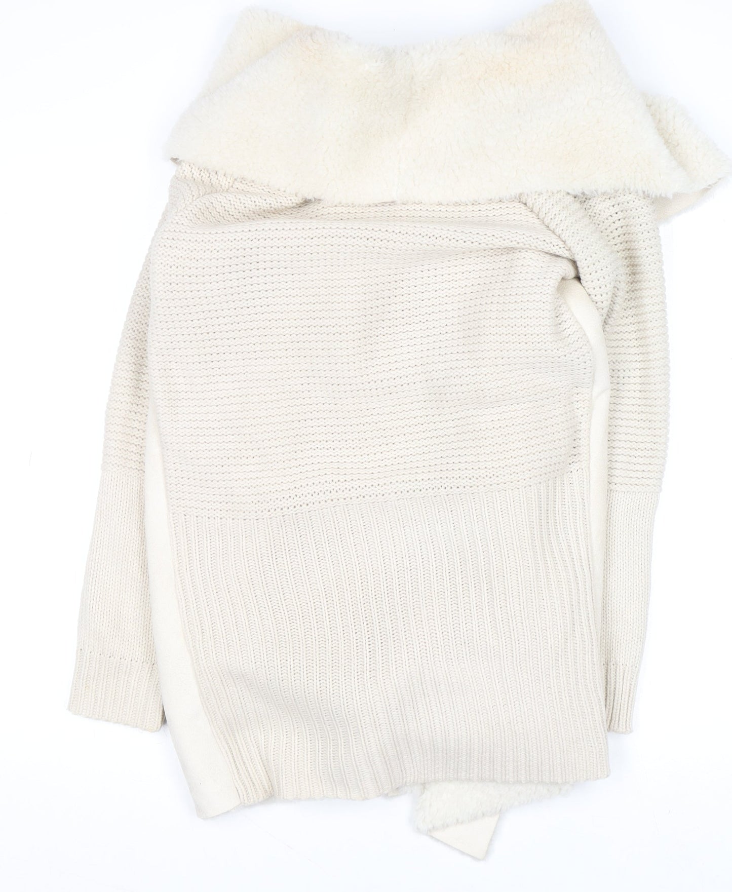 Quiz Women Ivory Faux Fur Trim Open Knit Long Sleeve Cardigan M