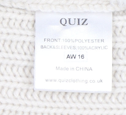 Quiz Women Ivory Faux Fur Trim Open Knit Long Sleeve Cardigan M