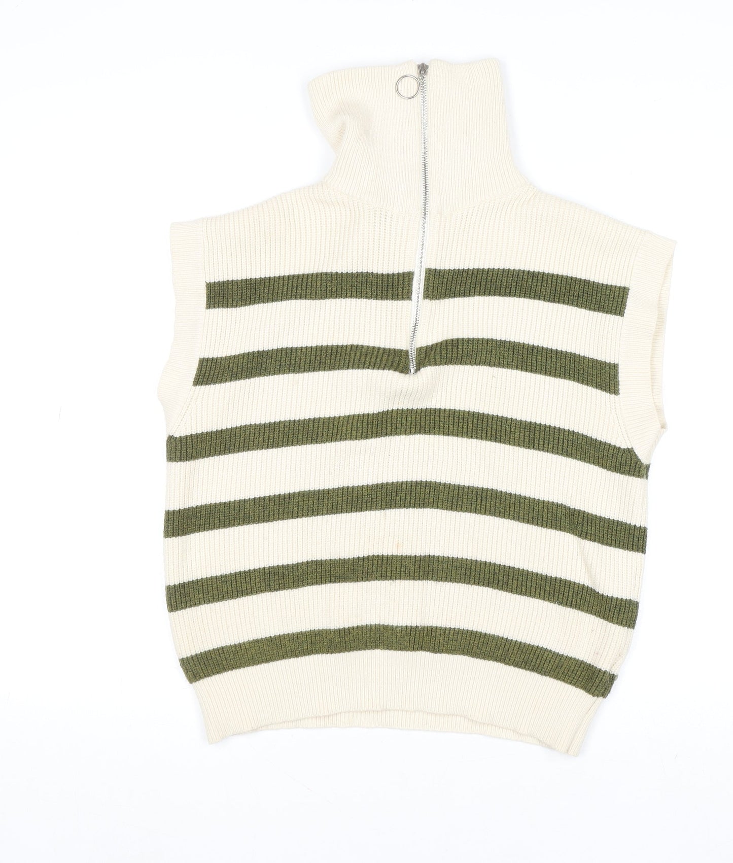 Anthropologie Women’s Ivory Green Striped Knit Zip Neck Sleeveless Jumper M