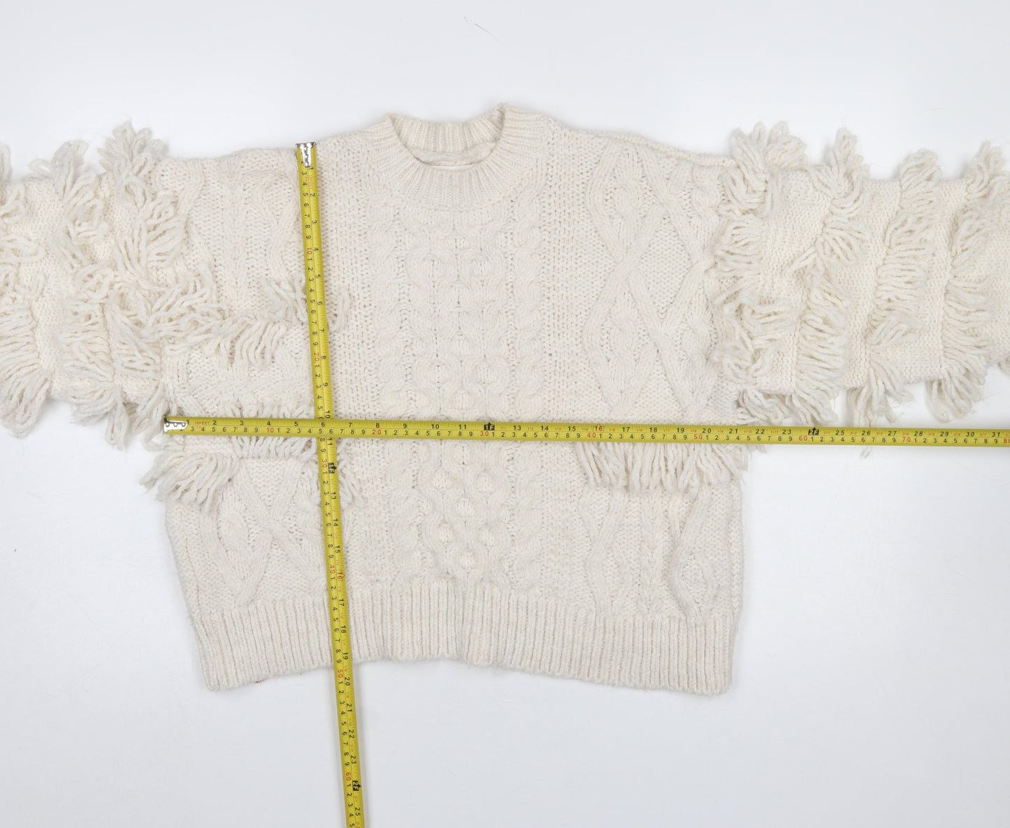 Stradivarius Womens Ivory Fringe Cable-Knit Pullover Jumper Size 12