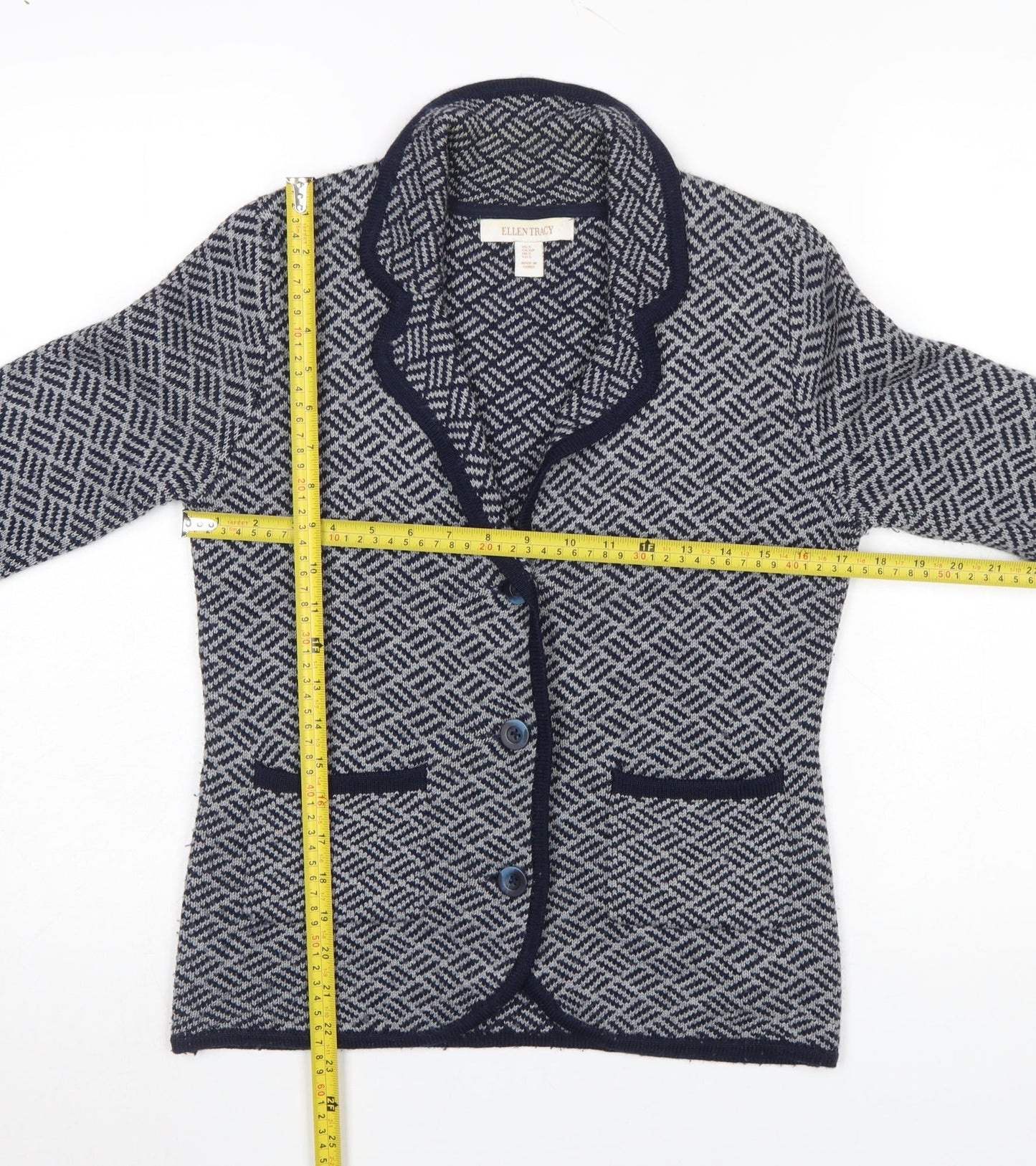 Ellen Tracy Women's Blue Geometric Knit Cardigan Size S