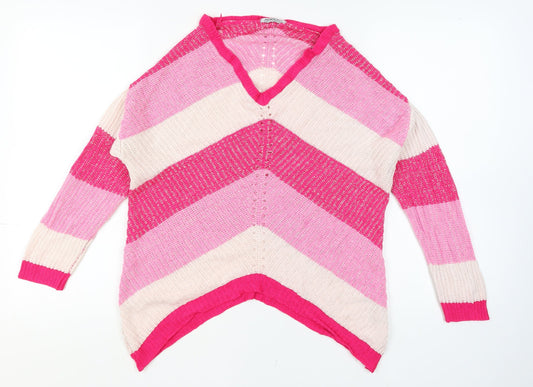 Simply Be Women’s Pink Striped Knit V-Neck Tunic Jumper Size 12/14