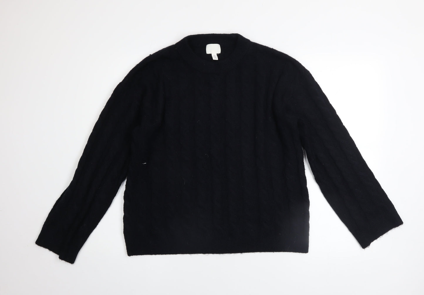 H&M Women Black Cable-Knit Jumper Size 8 Crew Neck Long Sleeve