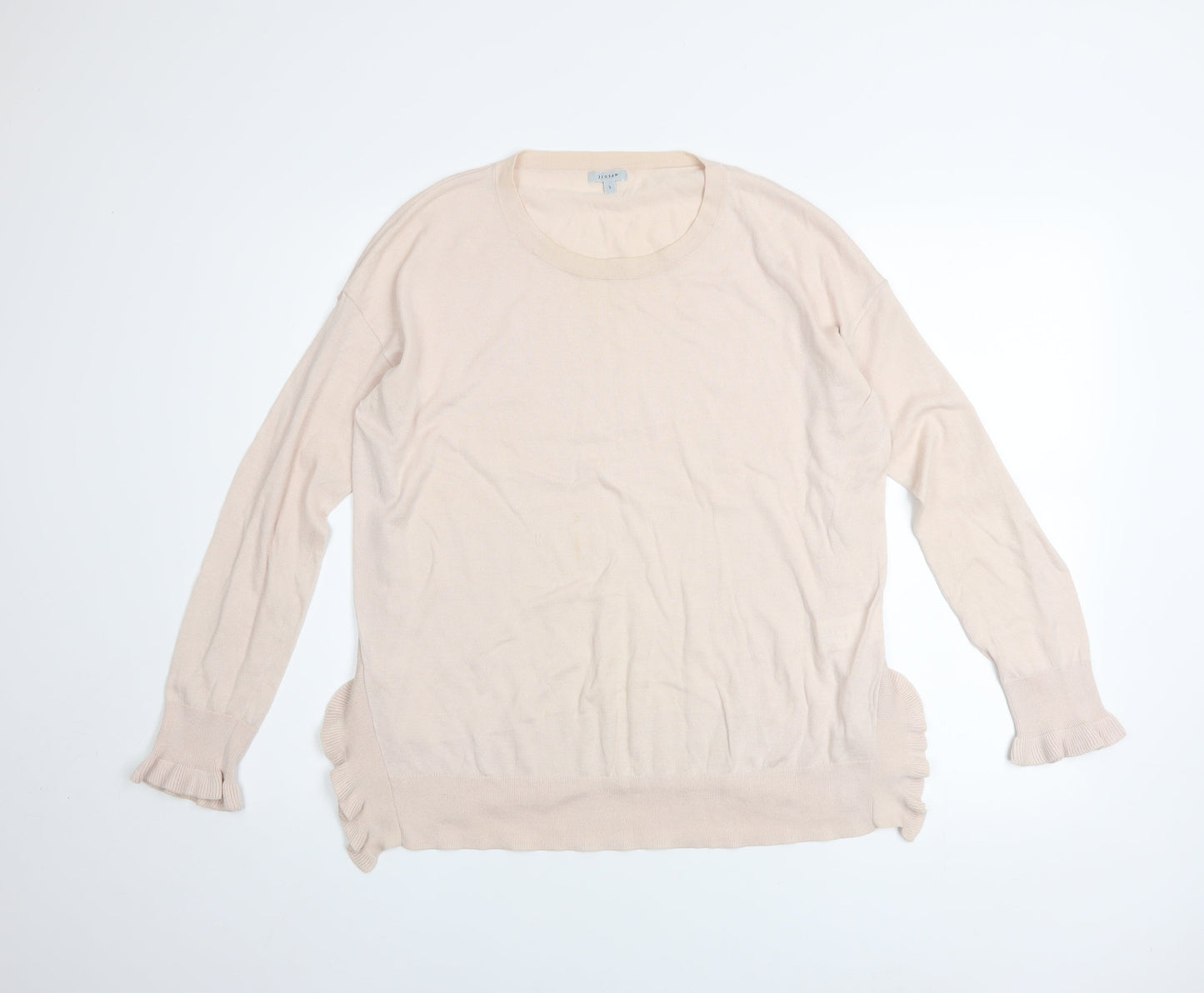 Jigsaw Women’s Beige Cotton Crew Neck Ruffle Hem Jumper Size S