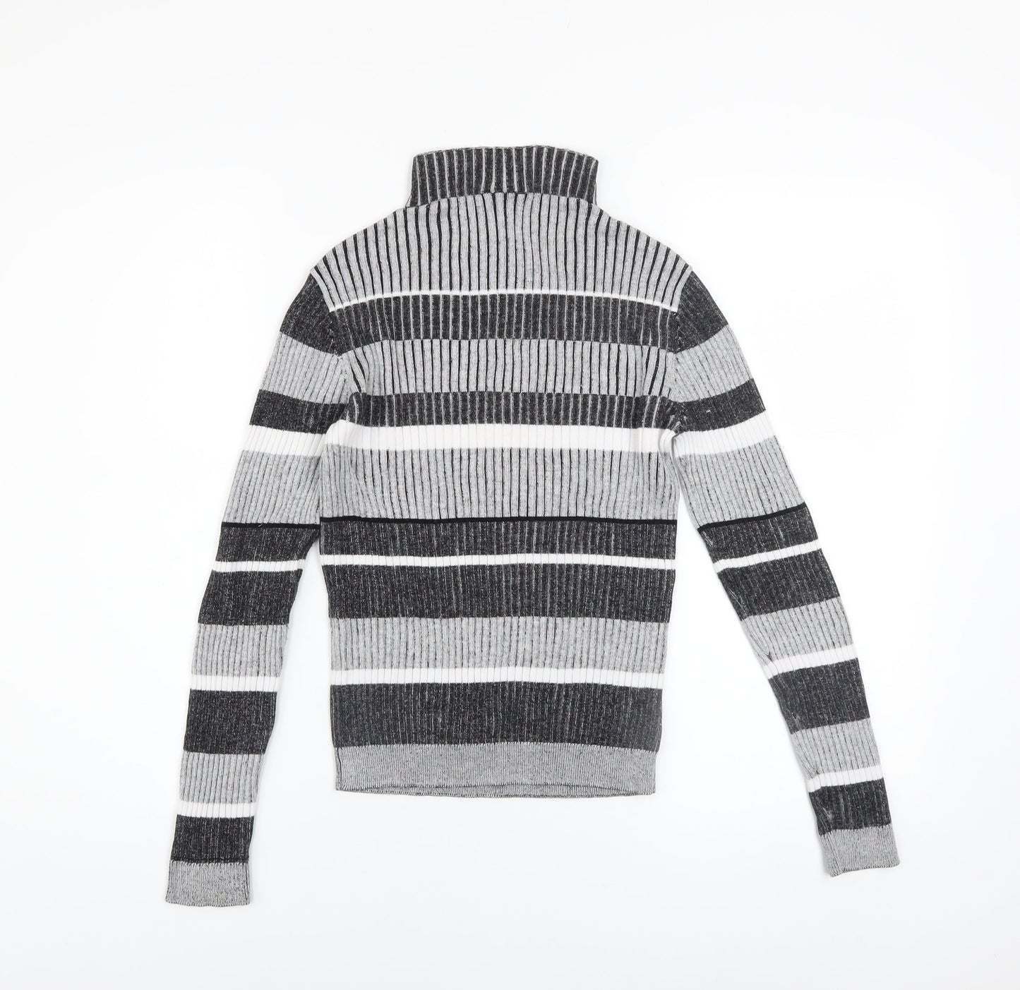 Vero Moda Women's Grey Striped Roll Neck Ribbed Jumper Size M