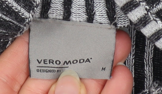 Vero Moda Women's Grey Striped Roll Neck Ribbed Jumper Size M