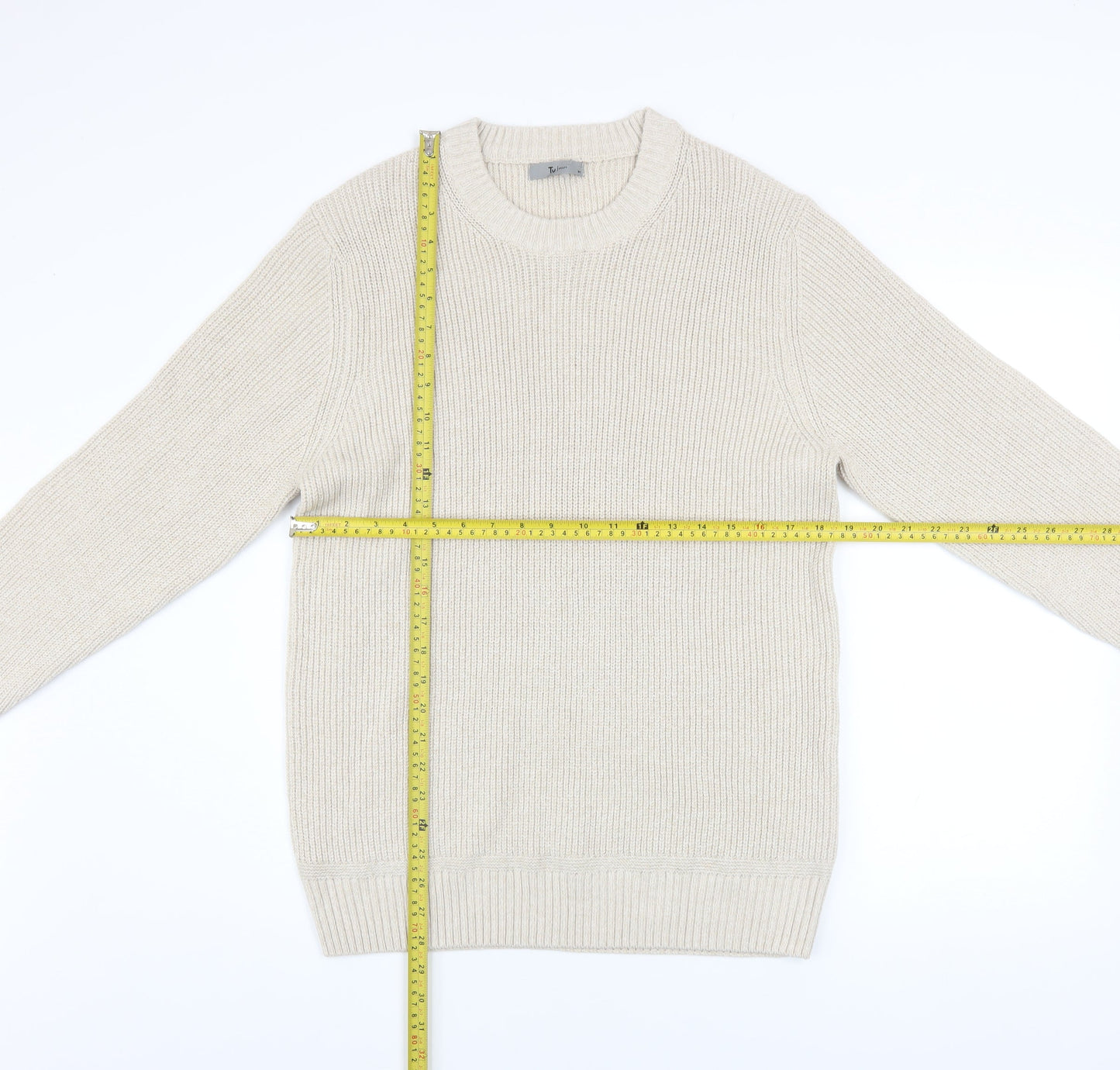 Tu Men Beige Chunky Knit Crew Neck Pullover Jumper Medium