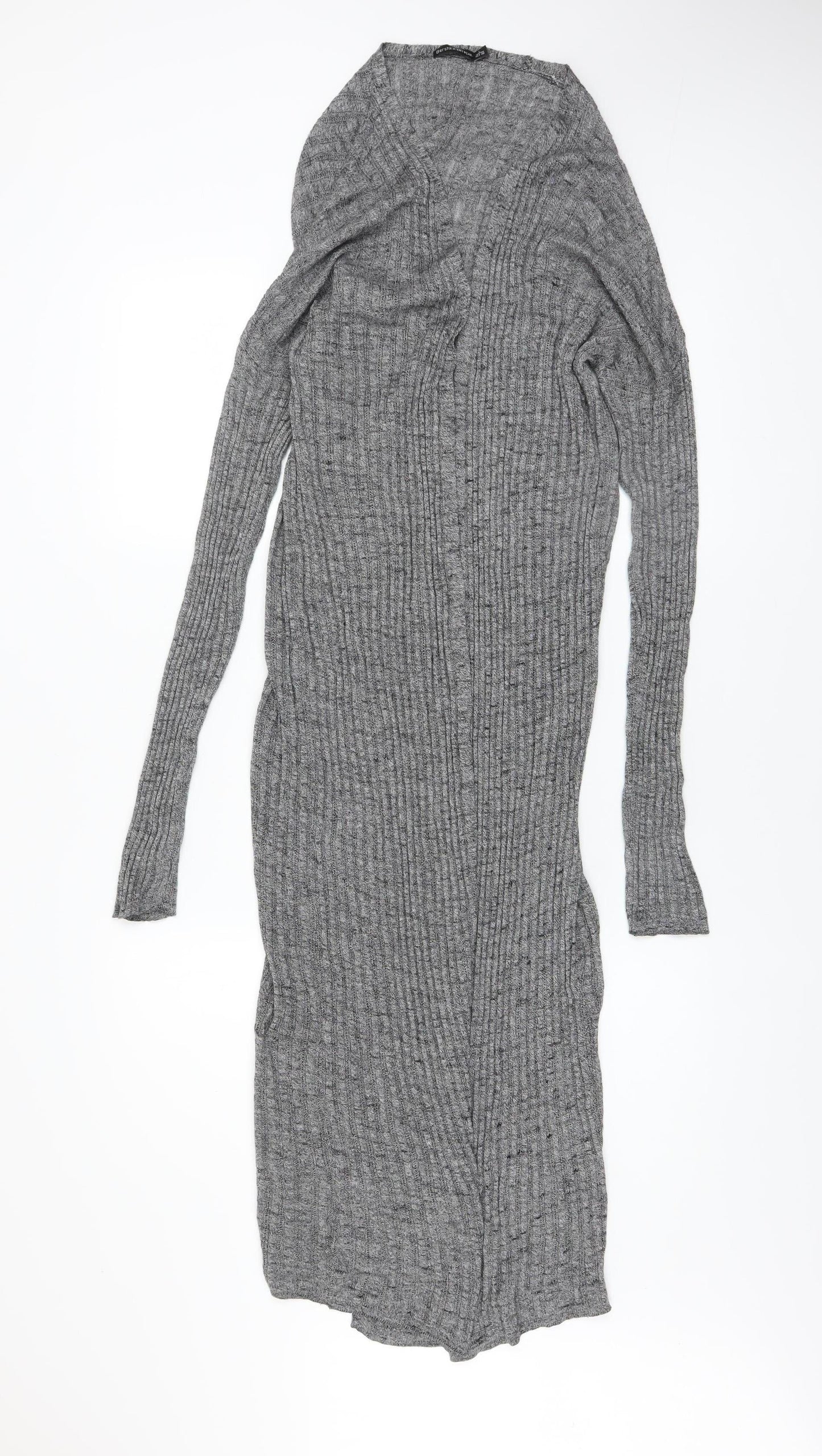 Bershka Women Grey Long Rib Knit Open Cardigan L