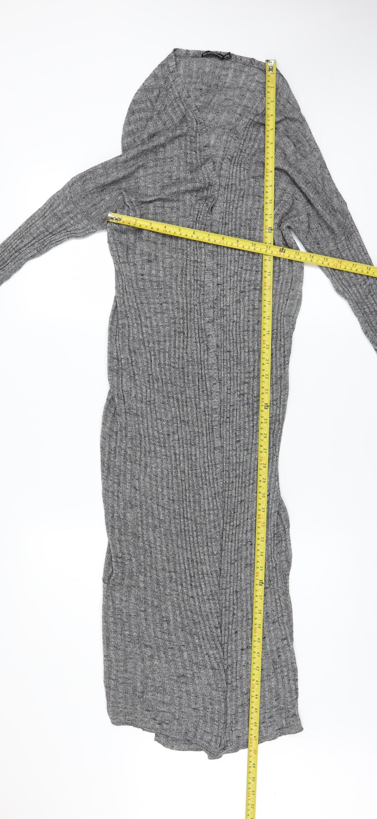 Bershka Women Grey Long Rib Knit Open Cardigan L
