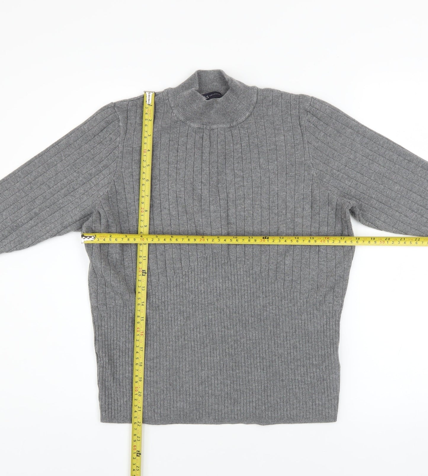 Marks and Spencer Women Grey Mock Neck Ribbed Knit Pullover Jumper Size 18