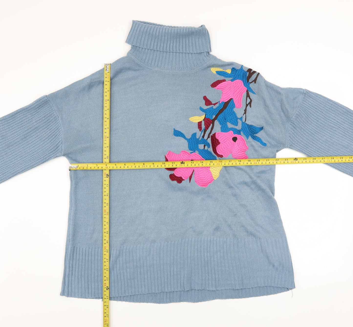 Lost Ink Women’s Blue Floral Roll Neck Jumper Size 10 Acrylic Knit