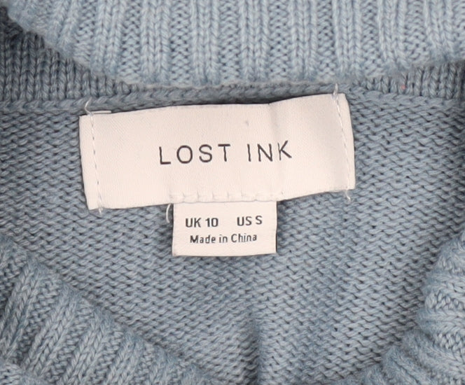 Lost Ink Women’s Blue Floral Roll Neck Jumper Size 10 Acrylic Knit