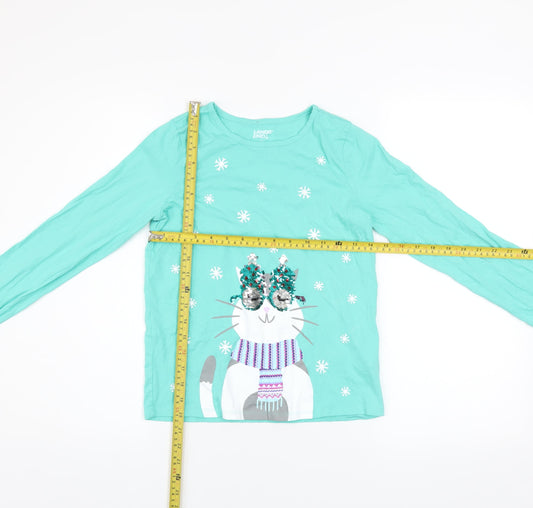 Lands' End Girls Green Sequin Cat Long Sleeve Cotton T-Shirt Size 10-12 Years