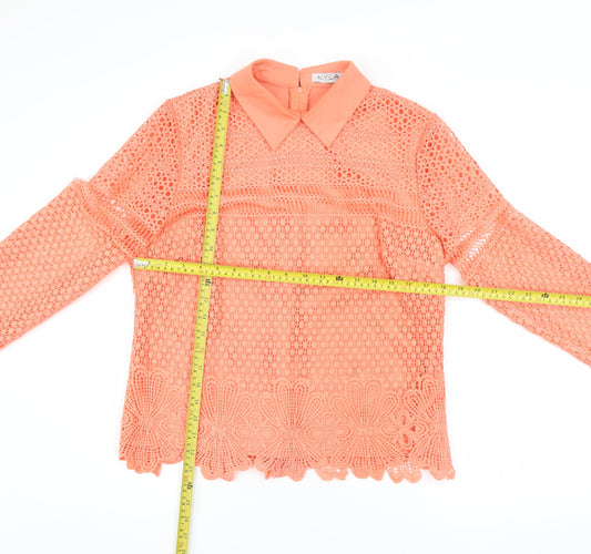 Kyla Women Orange Lace Collared Long Sleeve Blouse Size 4