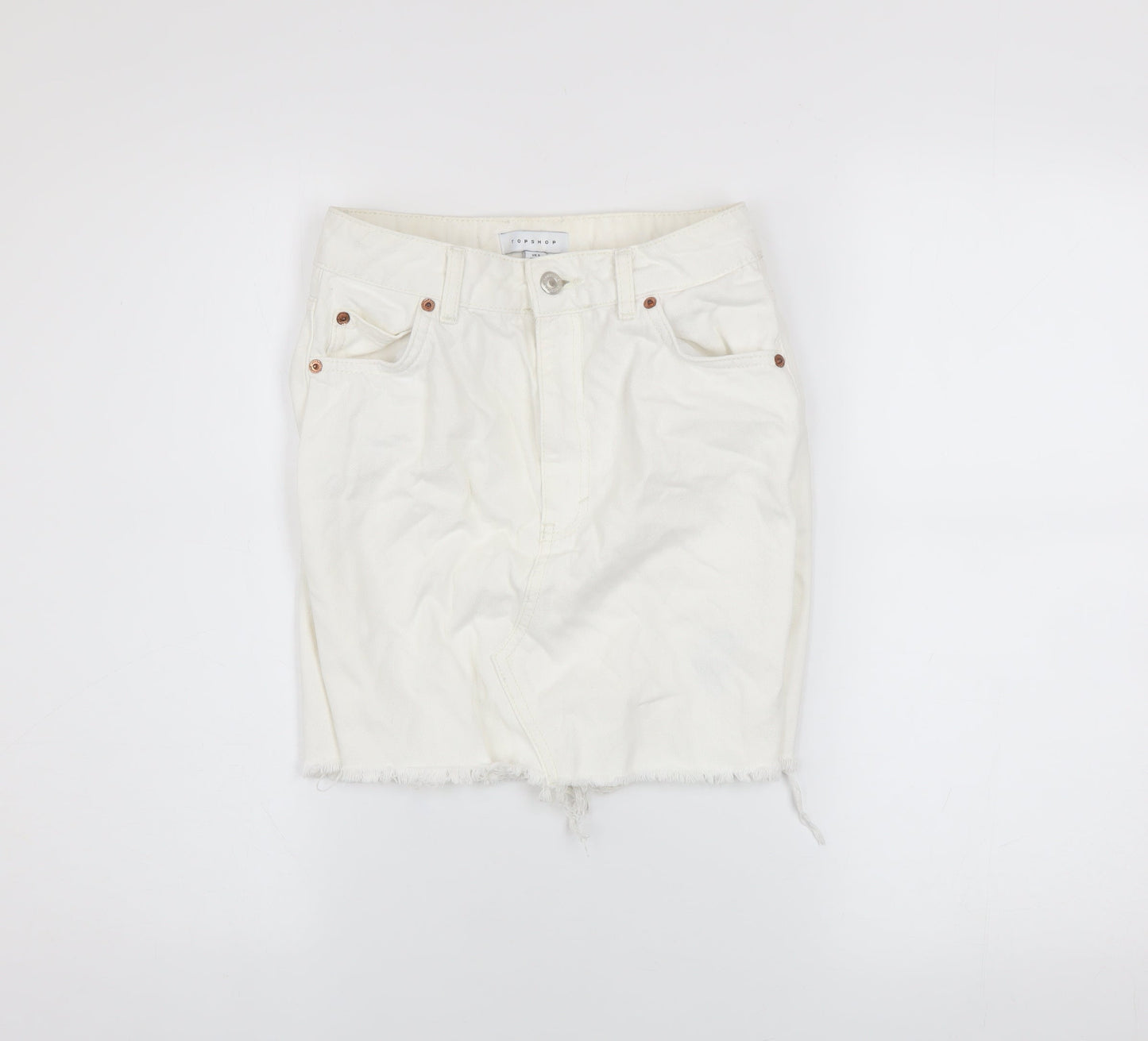 Topshop Women White Size 6 Denim Short Frayed Pencil Skirt