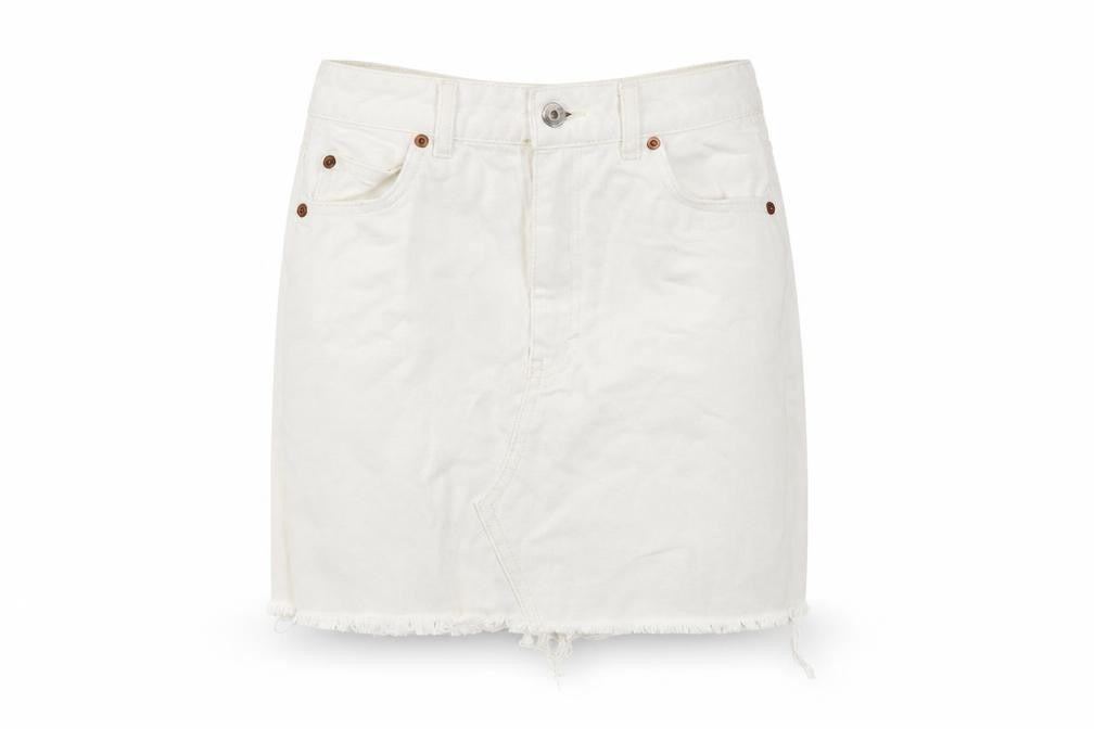 Topshop Women White Size 6 Denim Short Frayed Pencil Skirt