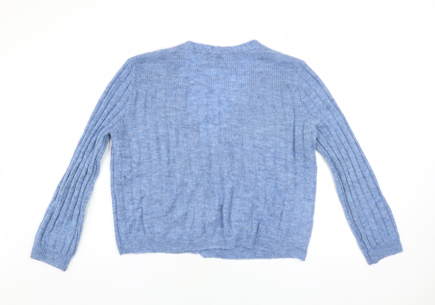 MNG Women’s Blue Wool Blend Ribbed V-Neck Button Cardigan Size 8