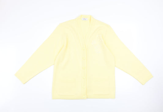 Care Women Yellow Cardigan L Knit V-Neck Button Classic Embroidered