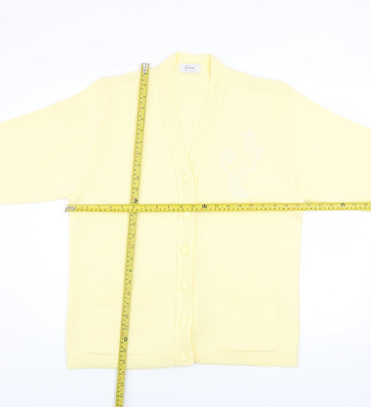 Care Women Yellow Cardigan L Knit V-Neck Button Classic Embroidered