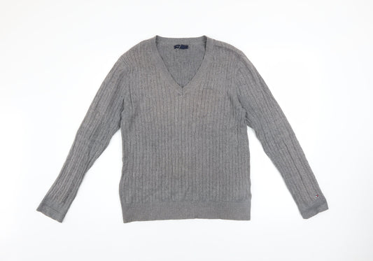 Tommy Hilfiger Men’s Grey Cotton V-Neck Cable Knit Jumper L