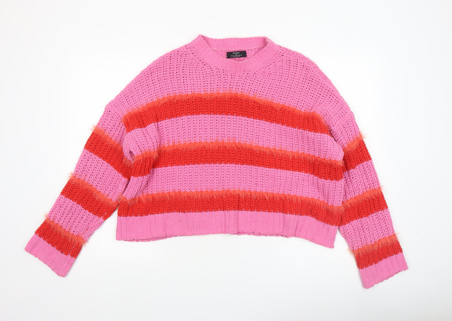Bershka Women's Multicoloured Chunky Knit Striped Jumper Size S