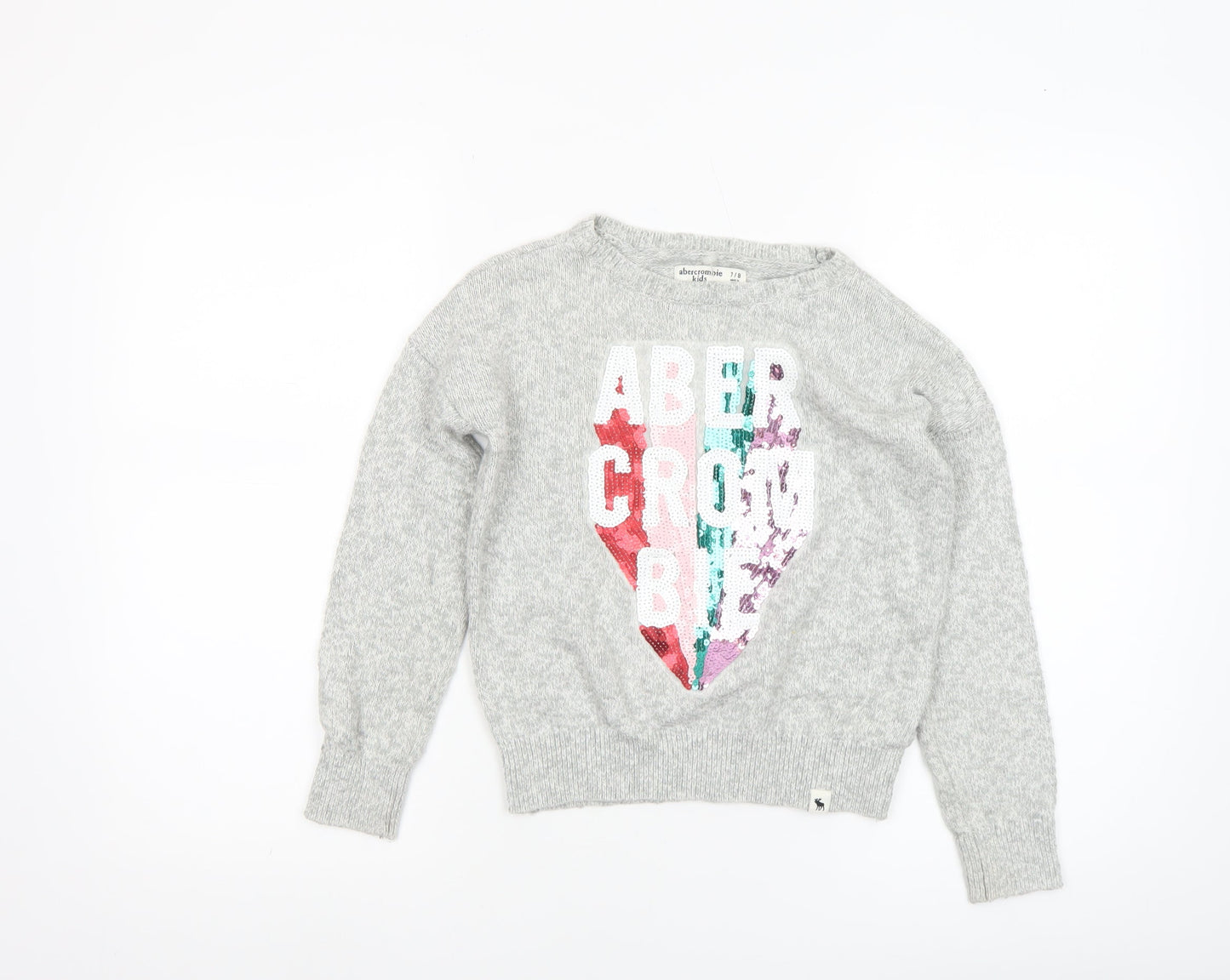 Abercrombie Kids Girls Grey Sequin Logo Jumper Size 7/8 Cotton Pullover