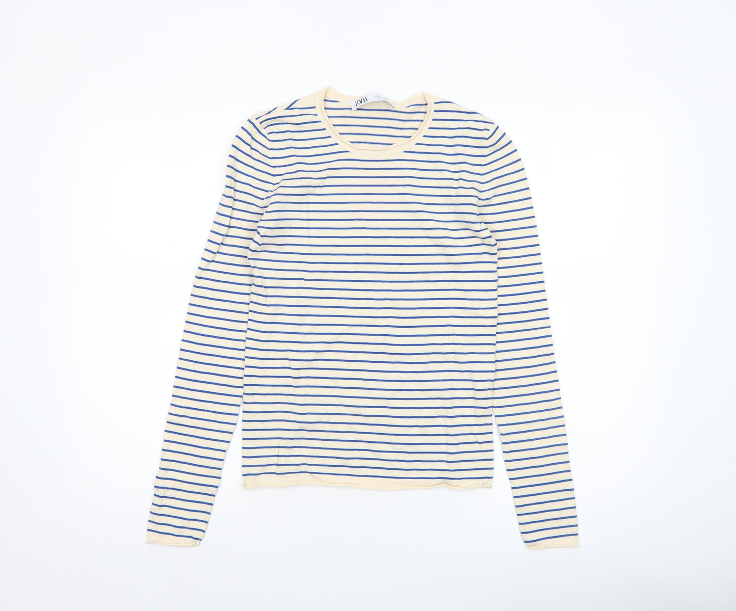Zara Women Beige Blue Striped Crew Neck Pullover Jumper Size 12