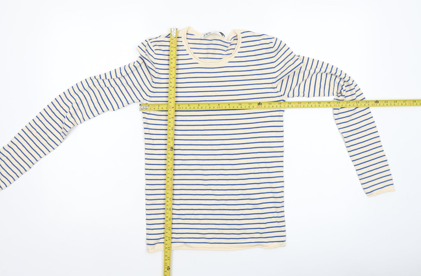Zara Women Beige Blue Striped Crew Neck Pullover Jumper Size 12