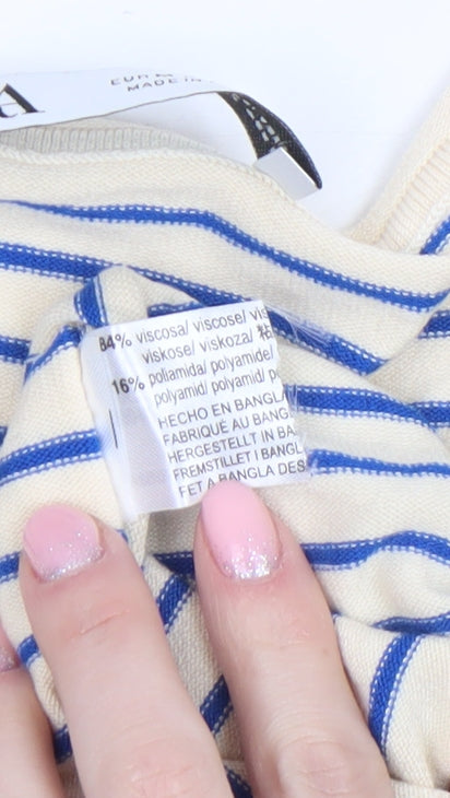 Zara Women Beige Blue Striped Crew Neck Pullover Jumper Size 12