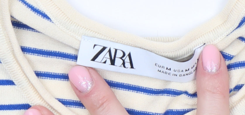 Zara Women Beige Blue Striped Crew Neck Pullover Jumper Size 12