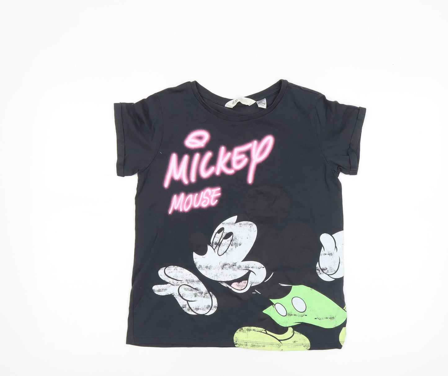 H&M Girls Black Mickey Mouse Graphic T-Shirt 13-14 Years Disney Cotton