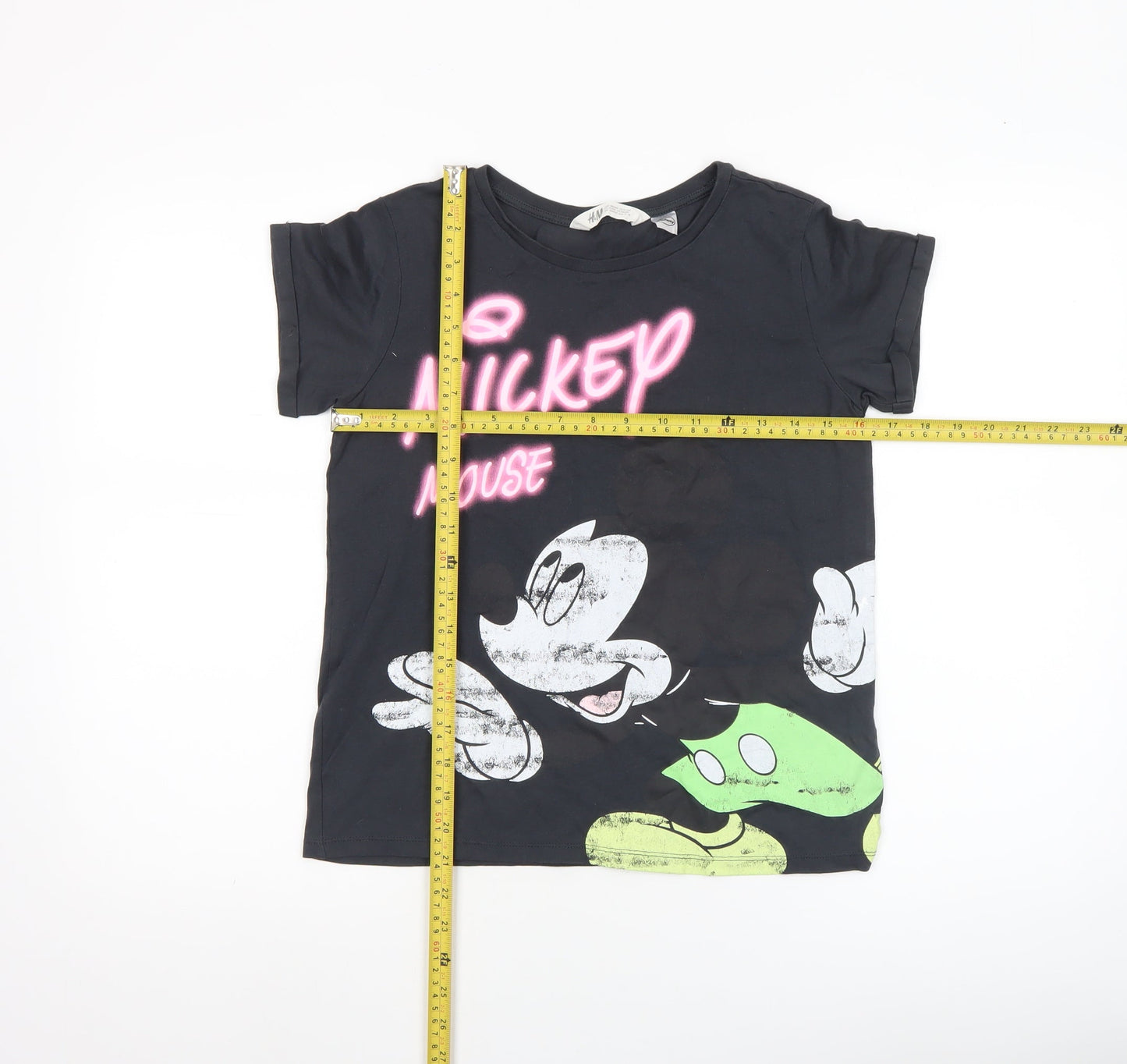 H&M Girls Black Mickey Mouse Graphic T-Shirt 13-14 Years Disney Cotton