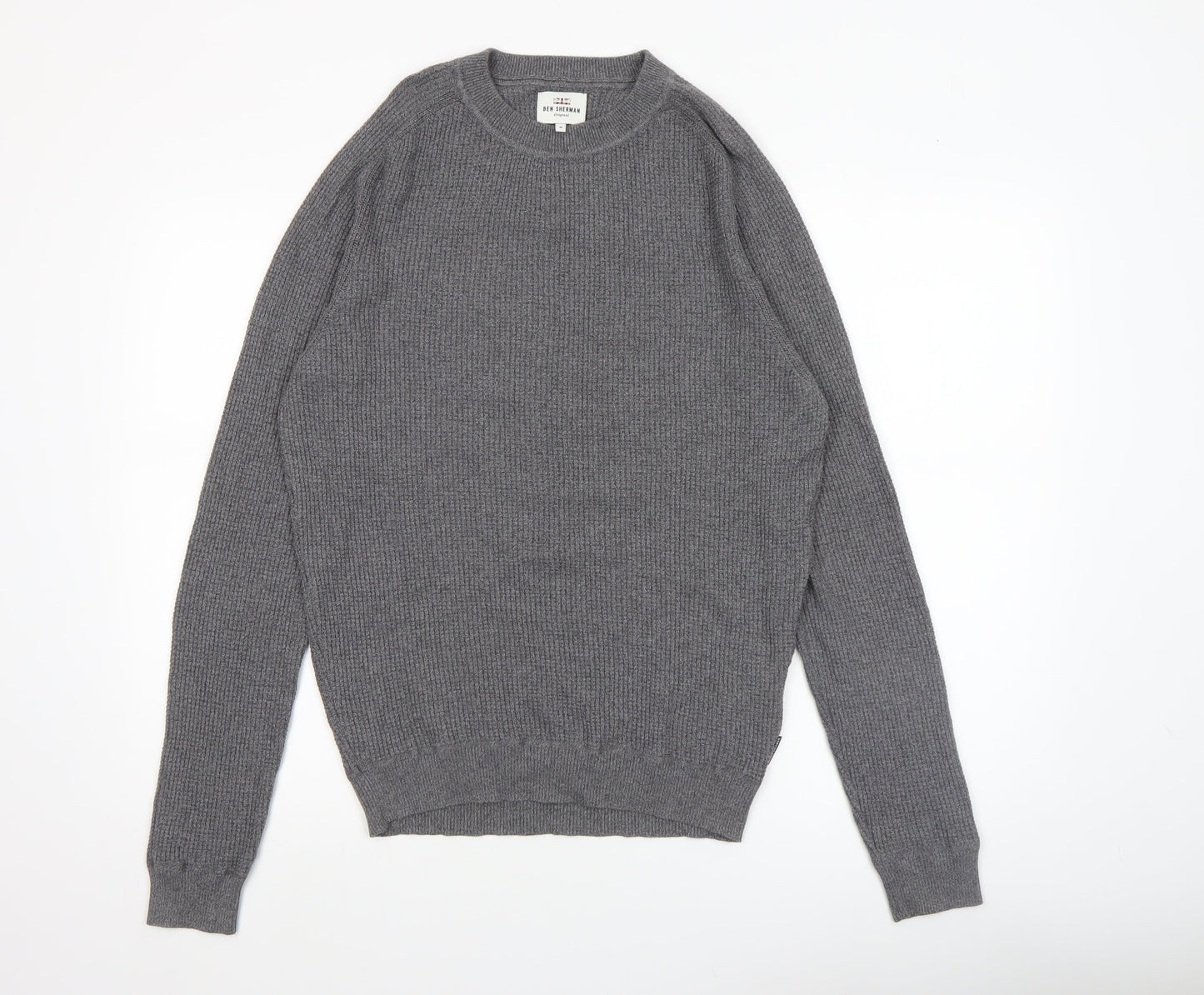 Ben Sherman Men's Grey Cotton Crew Neck Jumper M Waffle Knit