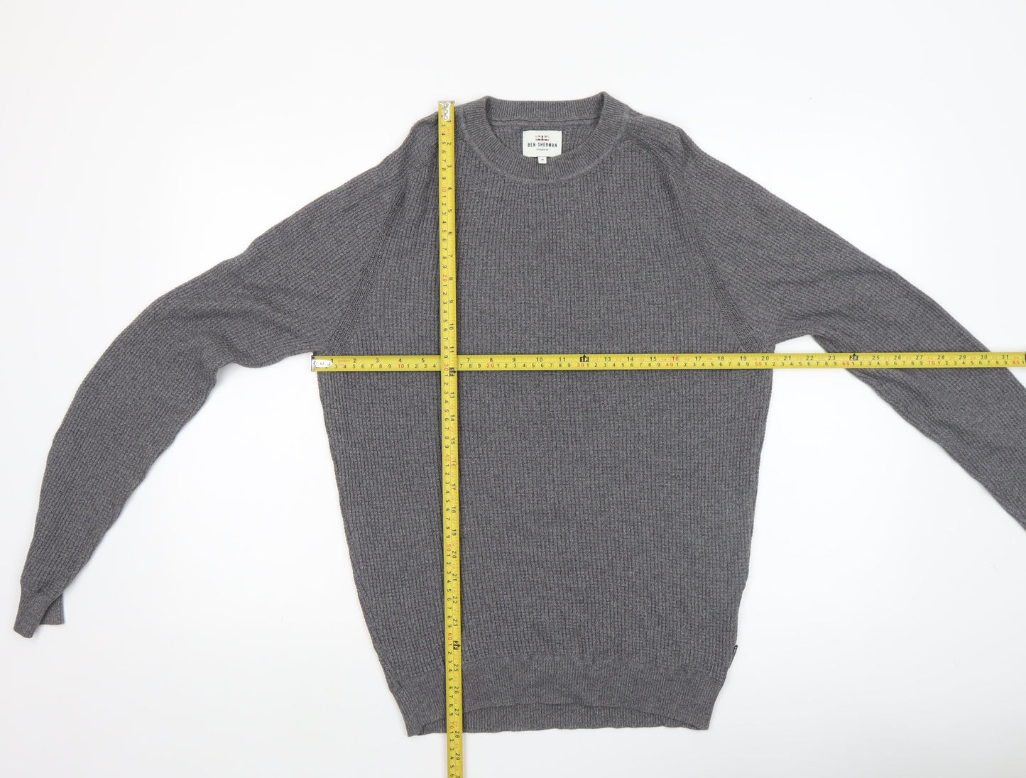 Ben Sherman Men's Grey Cotton Crew Neck Jumper M Waffle Knit