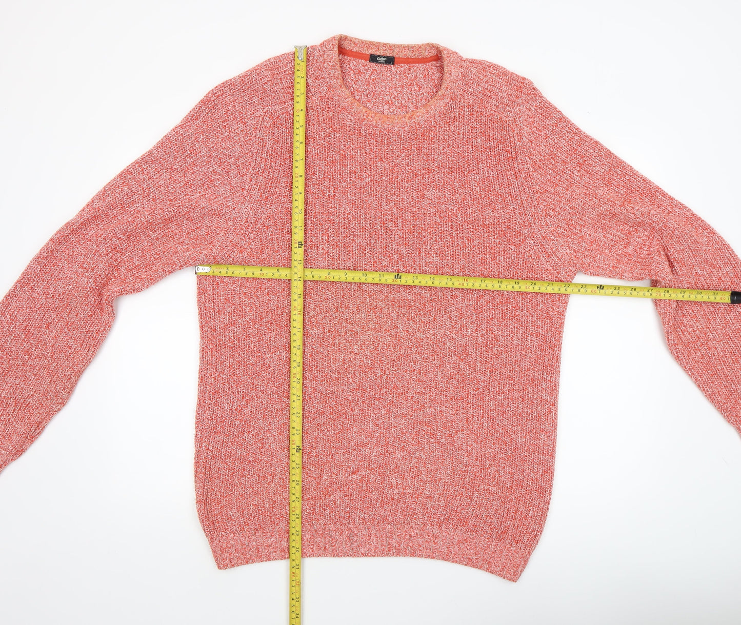 Cotton Traders Men's Orange Crew Neck Chunky Knit Jumper Size L