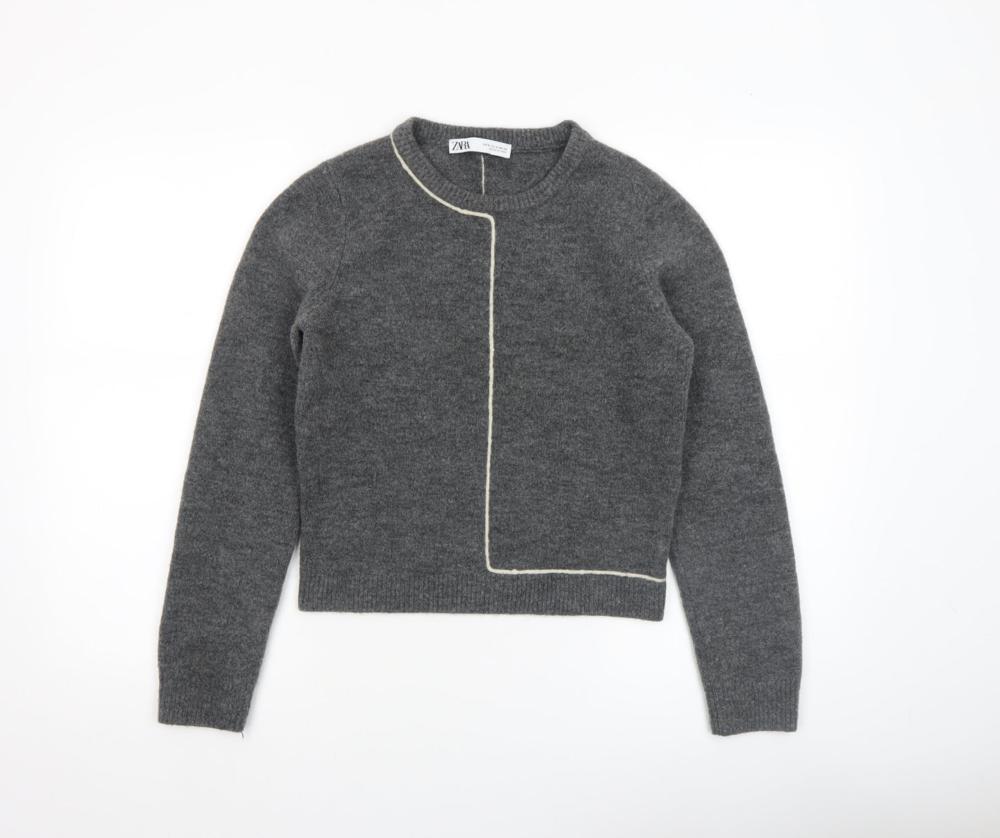ZARA Women Grey Wool Blend Crew Neck Pullover Jumper Size S
