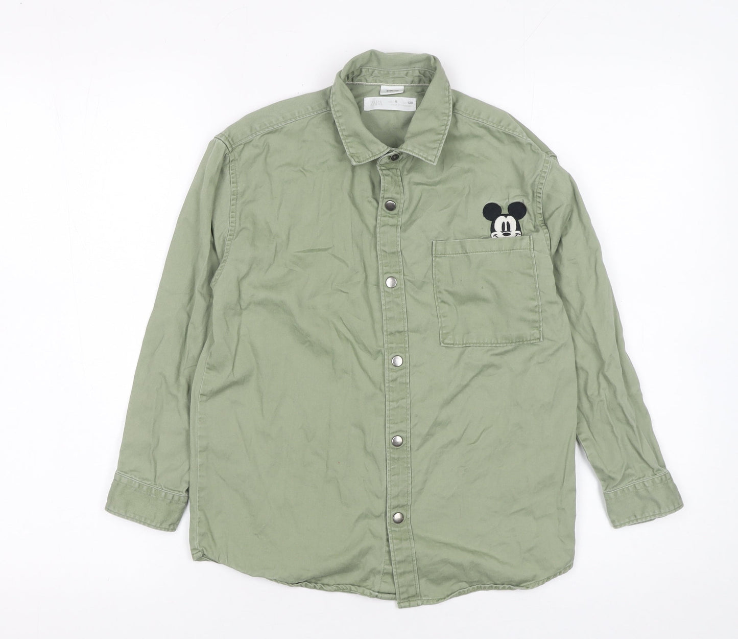 Zara Boys Green Disney Mickey Mouse Button-Up Long Sleeve Shirt Age 8