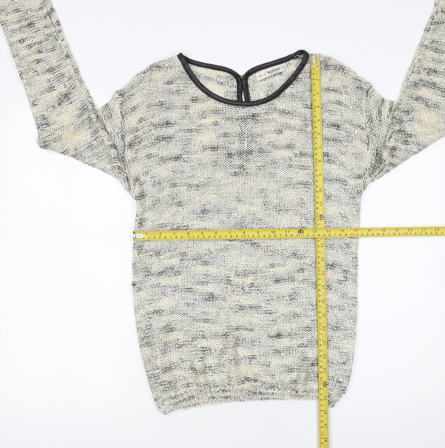 QUEEN'S Women's Grey Open-Knit Bow Back Pullover Jumper Size S