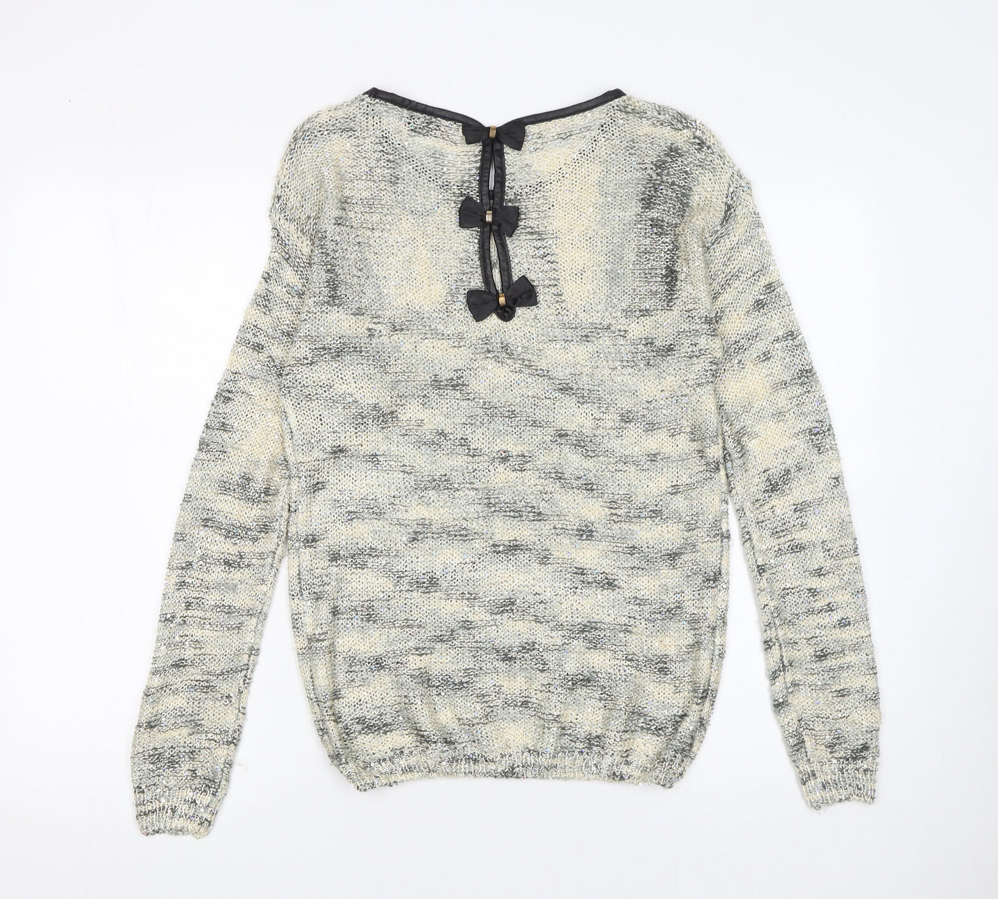 QUEEN'S Women's Grey Open-Knit Bow Back Pullover Jumper Size S