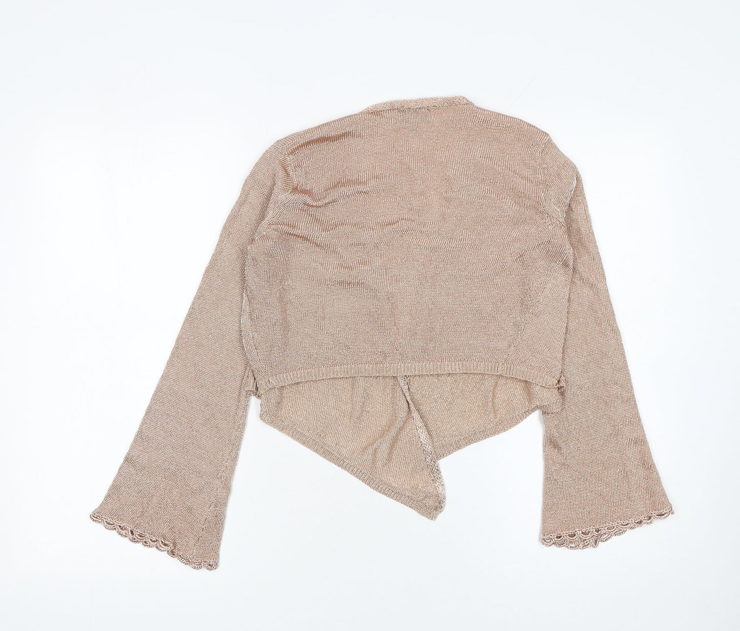 Topshop Women Beige Metallic Knit Cropped Wrap Cardigan UK 12