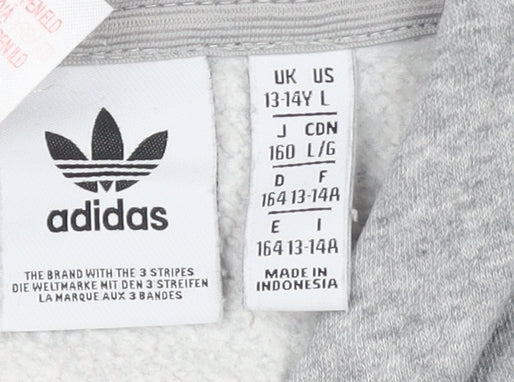 Adidas Boys Grey Hoodie L 13-14 Years Pullover Fleece Sweatshirt
