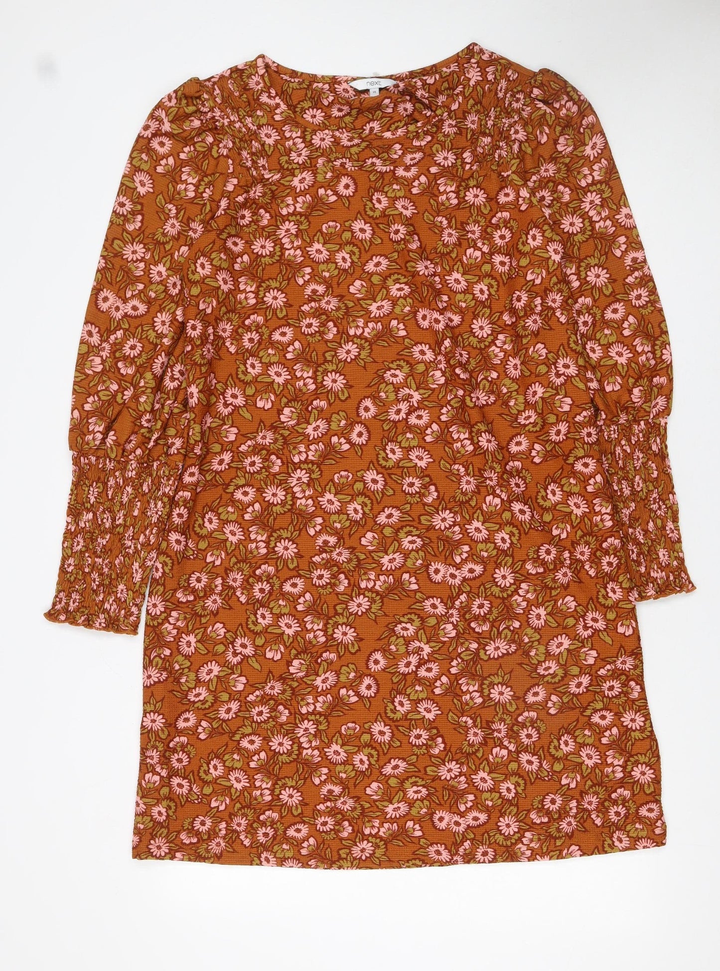 Next Women Brown Floral Shift Dress Size 14 Long Sleeve