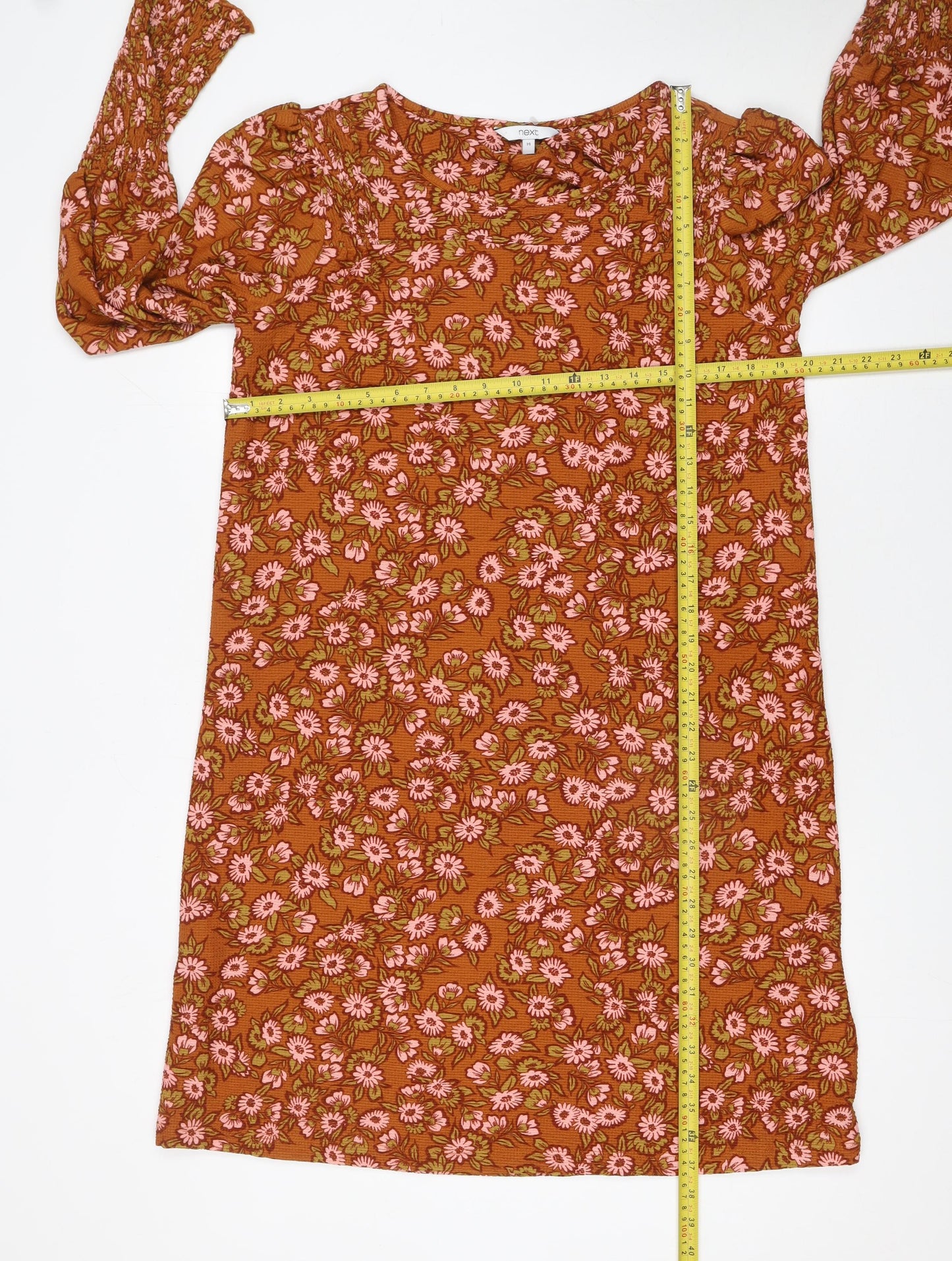 Next Women Brown Floral Shift Dress Size 14 Long Sleeve