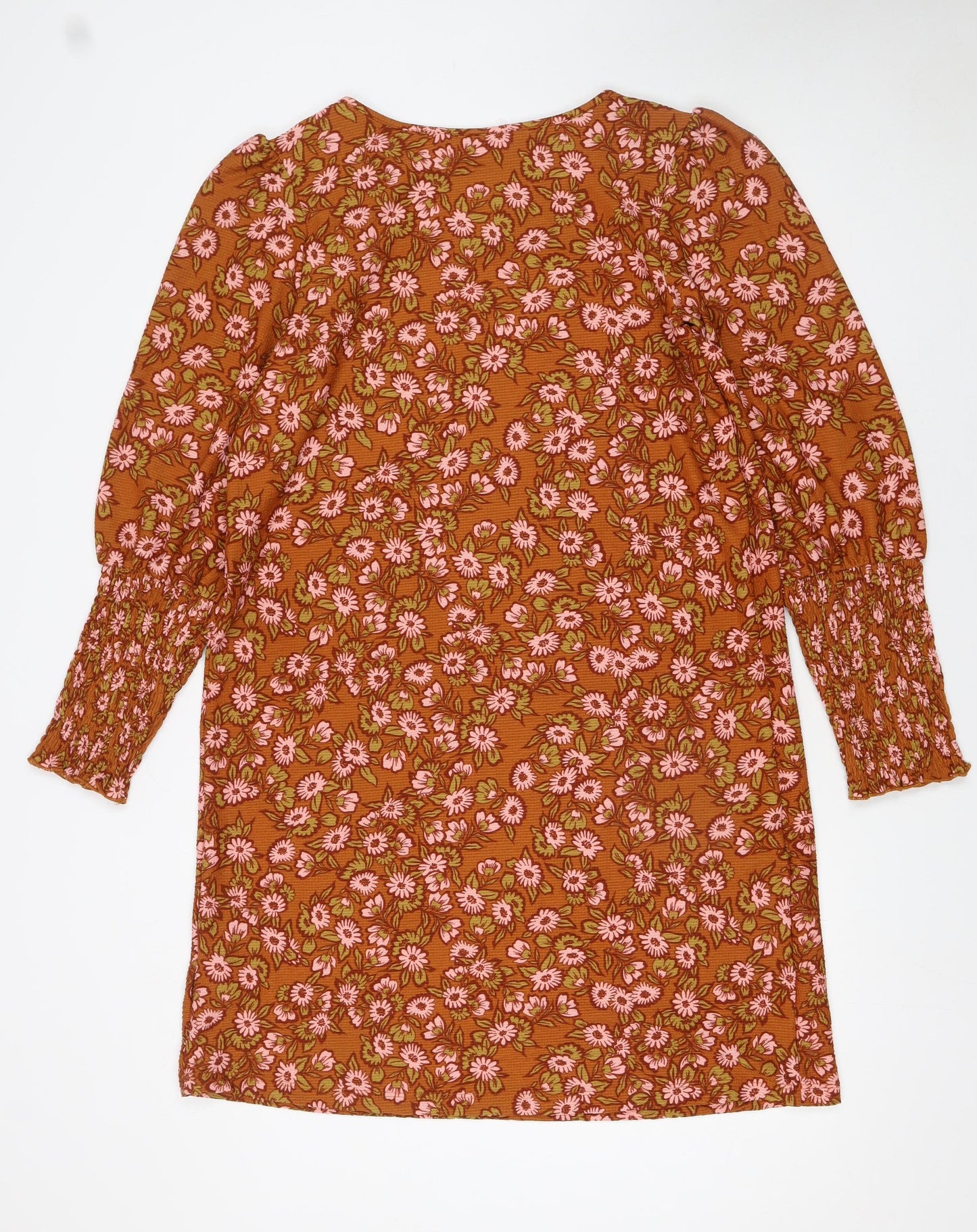 Next Women Brown Floral Shift Dress Size 14 Long Sleeve