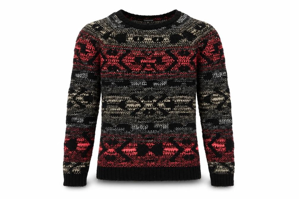Warehouse Women's Black Red Fair Isle Jumper UK 6 Long Sleeve Knit