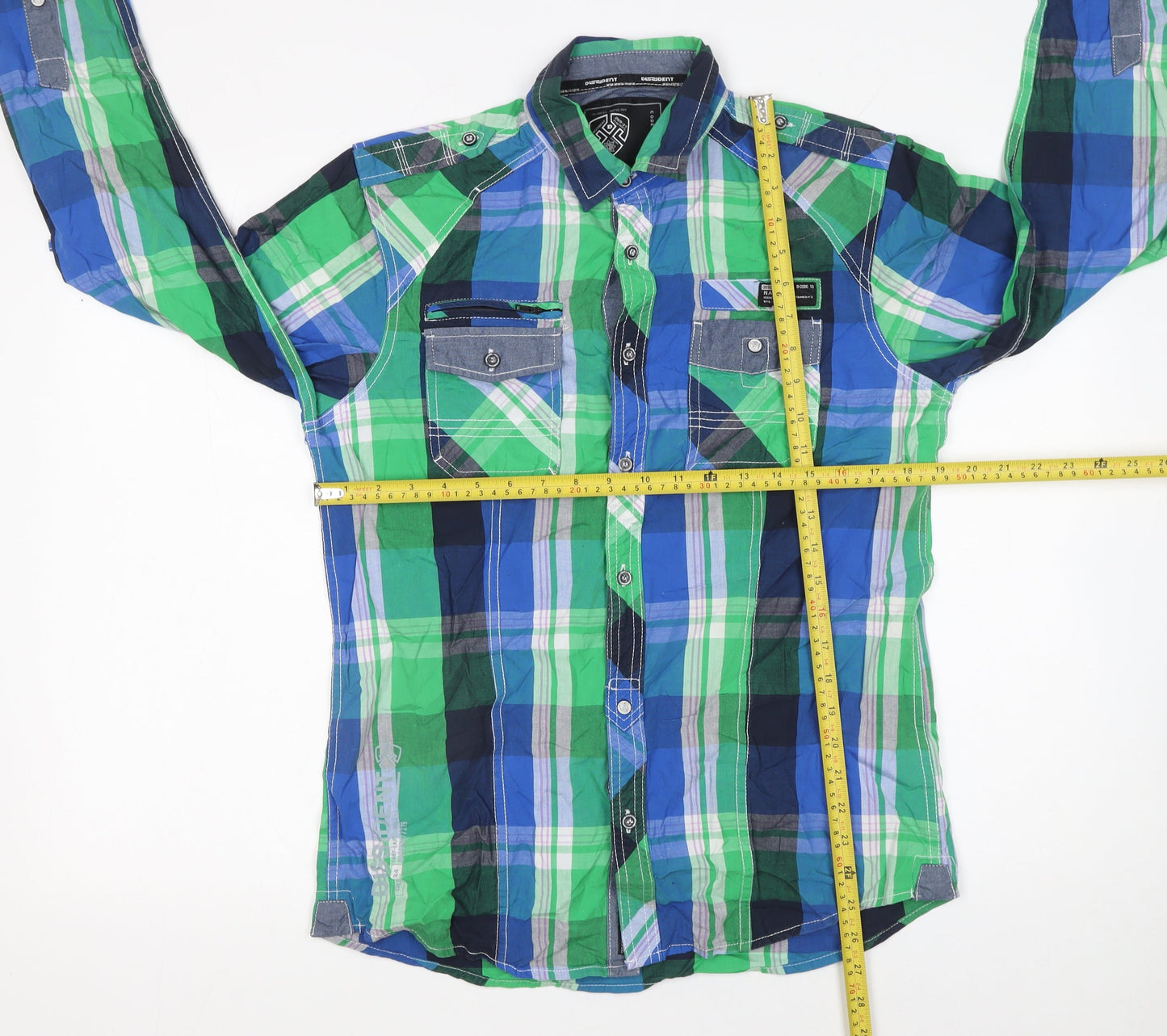 Dissident Men's Green Blue Check Button-Up Casual Shirt M