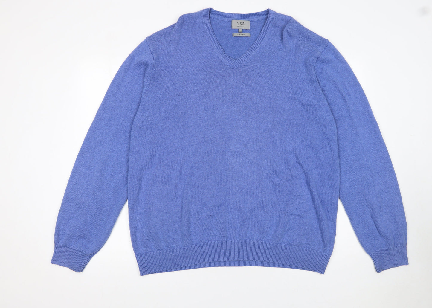 Marks and Spencer Men Blue 2XL V-Neck Cotton Pullover Jumper